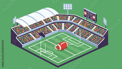 Isometric American Football Stadium Vector Illustration with Colorful Crowd, Scoreboard, and Flat Design Elements