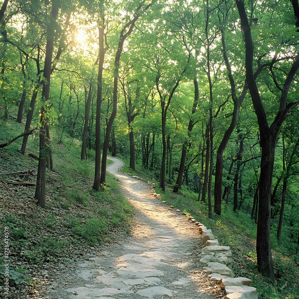 Fototapeta premium Serene Winding Forest Path Sunlight Trees Nature Trail