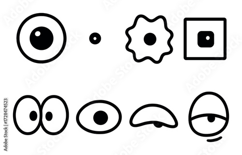 Abstract black shapes collection: circles, stars, squares, ovals, eyes