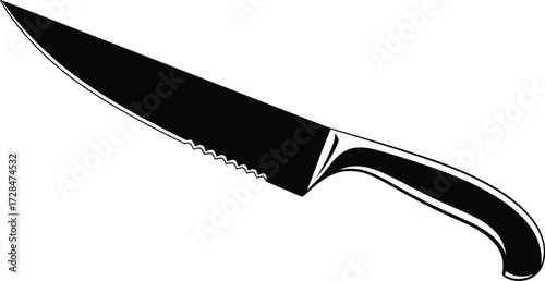 Serrated black knife, sharp blade, kitchen utensil