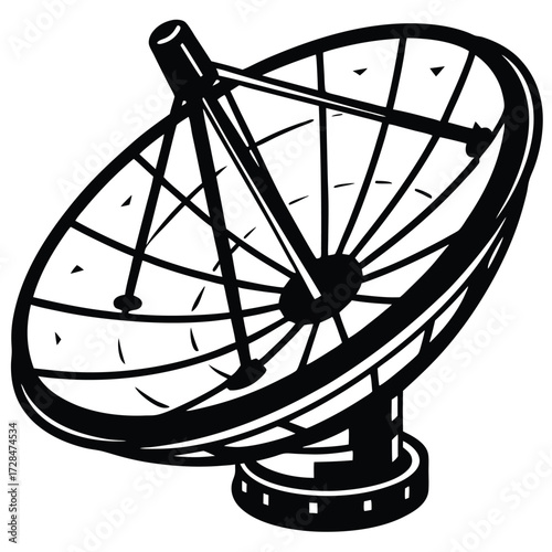 Line art depicts a black and white satellite dish on a clean white background