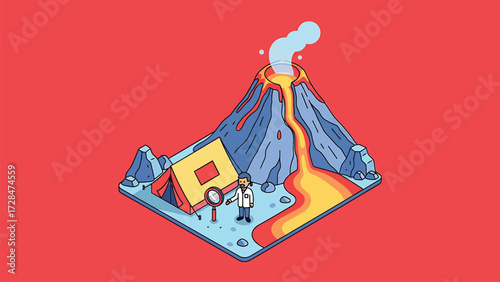 Vector Isometric Illustration of Scientist Researching an Erupting Volcano with Tent and Magnifying Glass