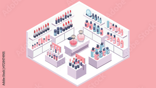 Isometric Vector Cosmetics Store Interior Display with Assorted Beauty Products and Pastel Palette