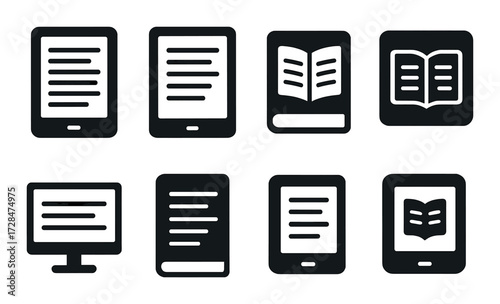 Digital reading devices icon set on dark background