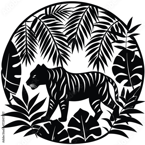 Black and white illustration of a tiger walking through tropical foliage in a circular frame