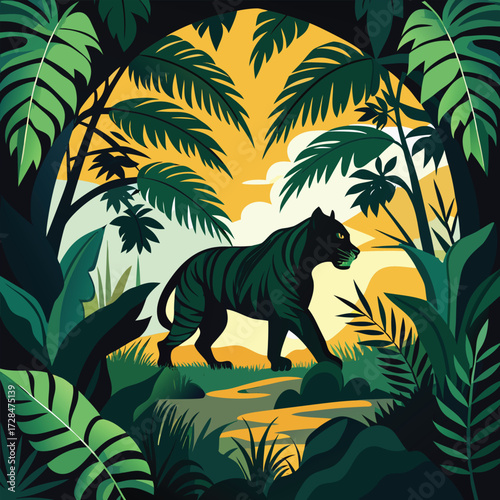 Vibrant illustration of a panther in a lush jungle setting, showcasing the beauty and mystery of the natural world