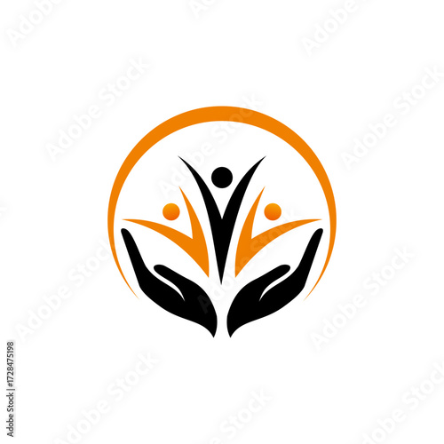 A stylized logo featuring three abstract figures with outstretched arms, supported by two cupped hands, symbolizing care, community, and unity within a circular frame.