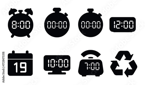 Digital time icons set featuring clocks calendar recycling symbol in black silhouette design