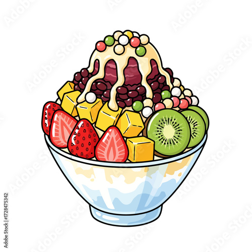 Refreshing bowl shaved ice dessert topped with red bean, fruit, and condensed milk, perfect treat for hot weather