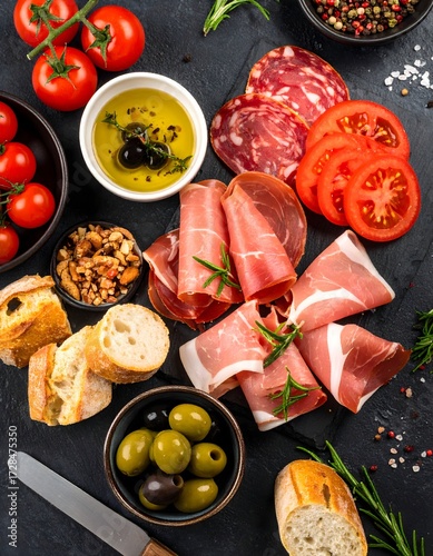 Italienische Antipasti auf Grunge Hintergrund schwarz