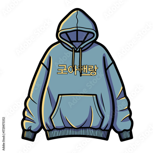 Light blue hooded sweatshirt with korean text on the front, featuring kangaroo pocket and drawstring hood, casual wear