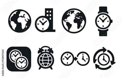 Abstract global time icons with clocks and earth symbols