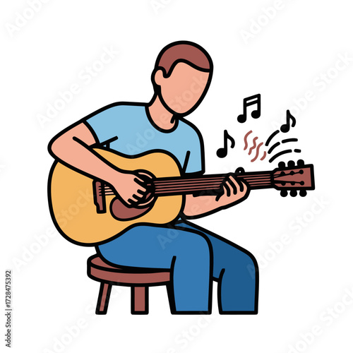 Person sitting on stool, playing an acoustic guitar with musical notes emanating from the instrument