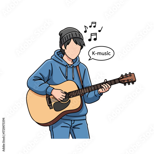Young person wearing beanie and hoodie, playing an acoustic guitar with musical notes and speech bubble saying kmusic