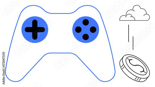 Game controller with blue accents, cloud imagery, and a coin suggesting digital gaming, rewards, and online transactions. Ideal for gaming, esports, cloud computing, fintech digital economy game