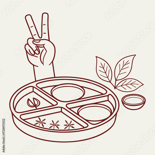 A hand making a peace sign above a thali plate with food and a small bowl of sauce accompanied by a sprig of leaves symbolizing a delightful and peaceful meal experience