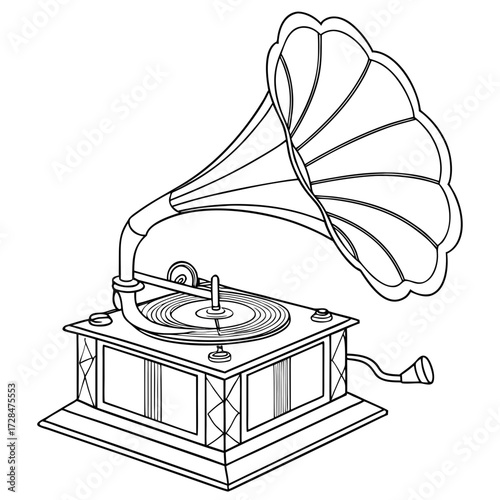 A detailed line drawing illustration of a vintage gramophone with a large horn and turntable showcasing its classic design and mechanical components on a white background