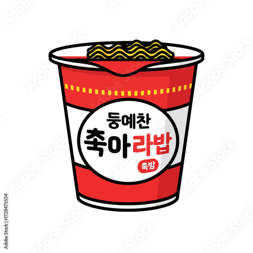 Closeup cartoon red cup instant ramen noodles with korean text on the label