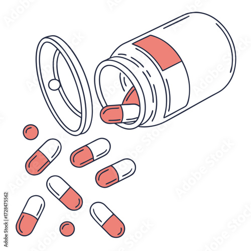 A minimalist line art illustration of a white pill bottle tipped over with red and white capsules spilling out onto a white background with the lid open