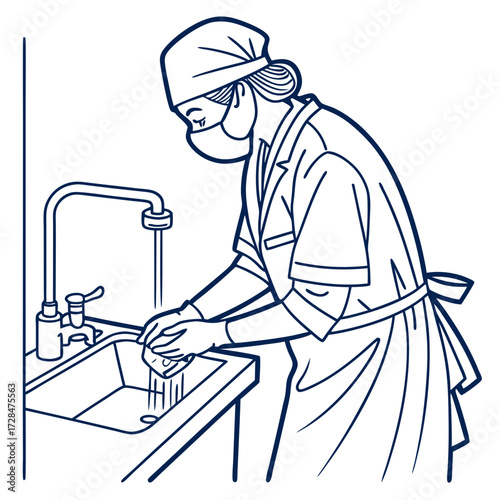 A medical professional wearing surgical scrubs and a mask diligently washes their hands under running water in a sink emphasizing hygiene and infection control practices in healthcare settings