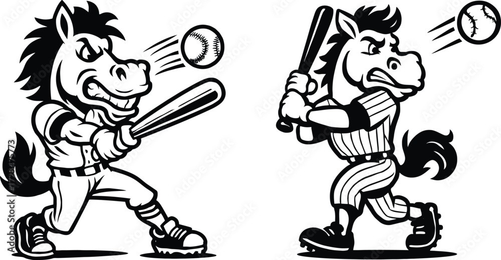 Fototapeta premium Cartoon horse baseball players swinging bats play ball game action graphics