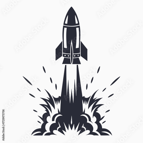 Monochromatic rocket ship blasting off with a plume of smoke below it