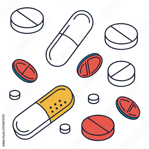 A vibrant collection of stylized isometric medicine capsules and pills in various colors and shapes arranged against a clean white background representing healthcare and pharmaceuticals