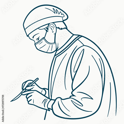 A surgeon wearing a cap and mask dressed in surgical scrubs meticulously holds a scalpel in gloved hands focused on a delicate procedure symbolizing medical expertise and precision