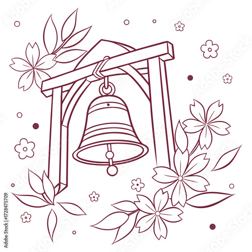 A traditional japanese bell hangs from a wooden structure adorned with delicate cherry blossoms and leaves symbolizing spring and cultural heritage in a simple line art style