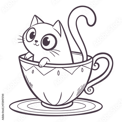 Adorable cartoon kitten peeking out of a decorative teacup with a saucer black and white line art illustration perfect for children s books and designs