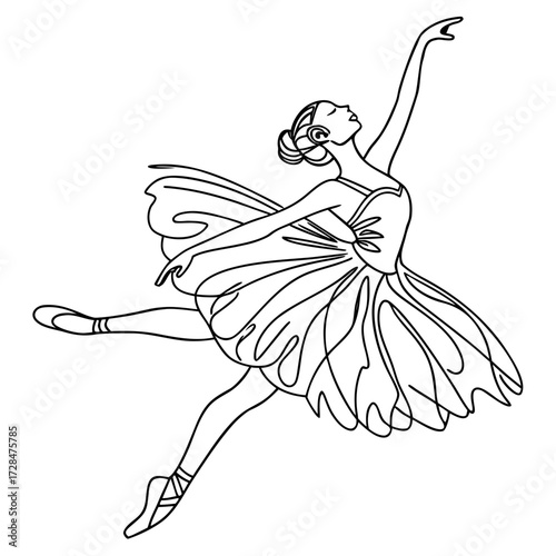 Elegant ballerina gracefully performing a dynamic dance pose with one arm extended upwards and the other gracefully curved showcasing her pointe shoes and tutu