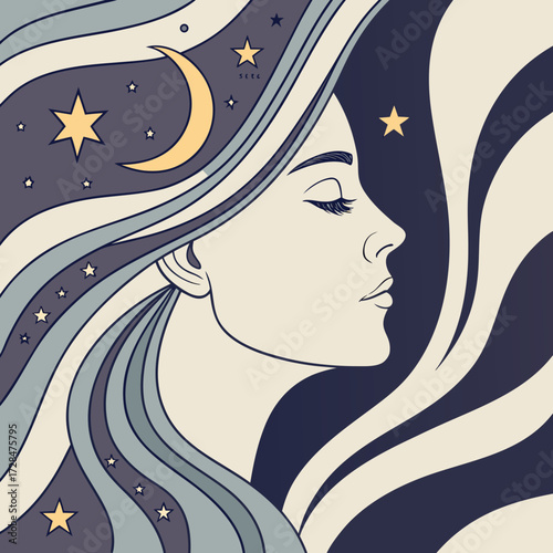 Dreamy profile of a woman with flowing hair adorned with stars and a crescent moon evoking a sense of cosmic wonder and peaceful slumber in a stylized night sky