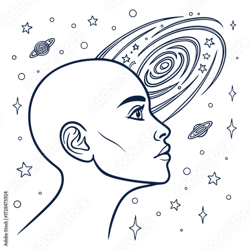Profile of a bald person with a galaxy swirling above their head surrounded by stars and planets representing cosmic consciousness and the universe within