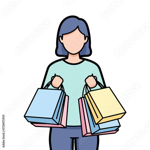 Person holding several shopping bags, isolated on transparent