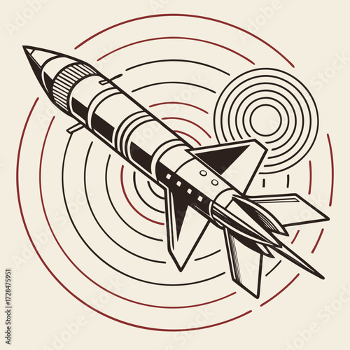 Retro style illustration of a vintage rocket ship in flight emitting concentric circles representing radar or sound waves against a neutral background