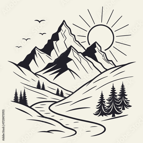 Stylized black and white illustration of majestic mountain peaks under a radiant sun with a winding river and evergreen trees in a serene landscape