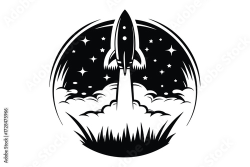 Monochromatic silhouette rocket launch with stars and smoke creates a bold space exploration scene