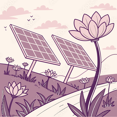Stylized illustration of solar panels in a field of blooming lotus flowers under a cloudy sky with birds flying in the distance representing renewable energy and nature harmony