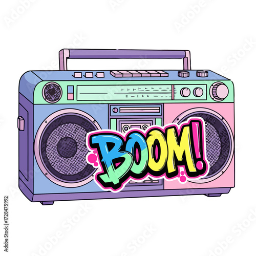 Retro boombox with the word boom in colorful graffiti style, , representing music and 1980s culture