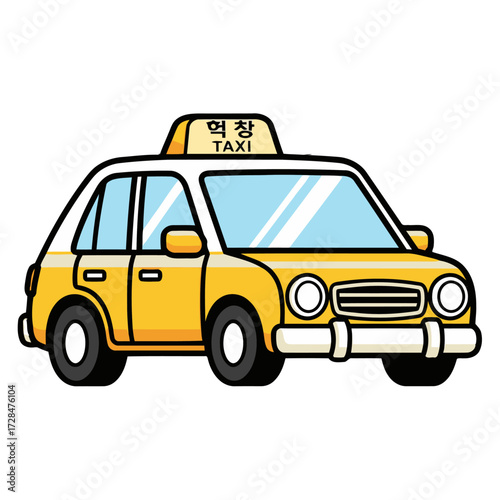 Cartoon yellow taxi cab with the word taxi on its roof sign, isolated on transparent