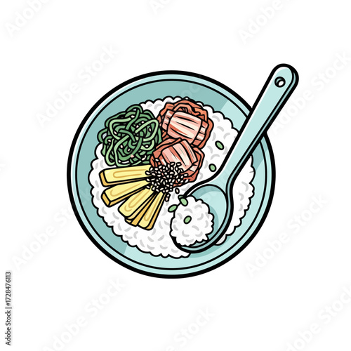 Topdown bowl rice with korean food toppings including meat, vegetables, and kimchi, served with spoon, isolated on transparent