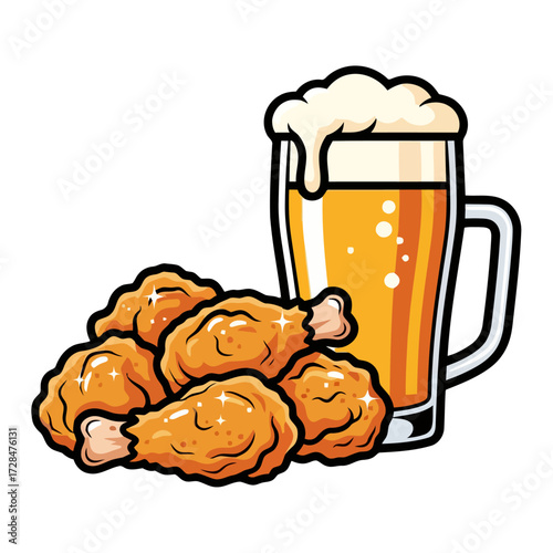 Cartoon fried chicken wings next to tall glass beer with foam, isolated on transparent