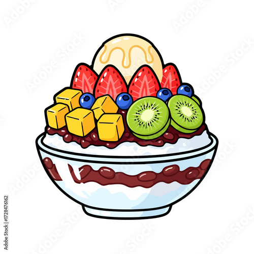 Delicious cartoon bowl shaved ice dessert topped with fresh strawberries, blueberries, kiwi slices, mango cubes, and scoop vanilla ice cream
