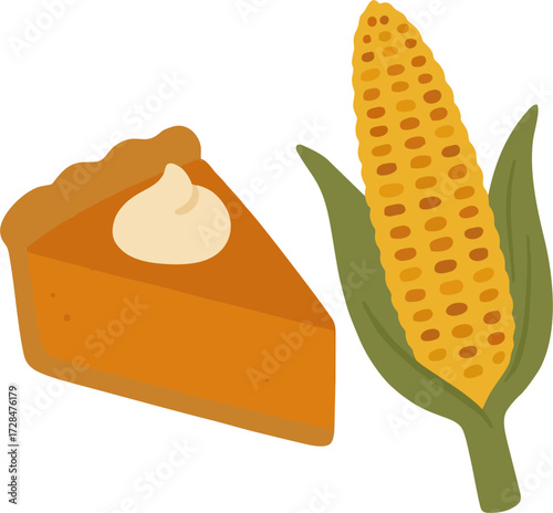 Flat seasonal food (pumpkin pie, roasted corn) isolated on transparent background