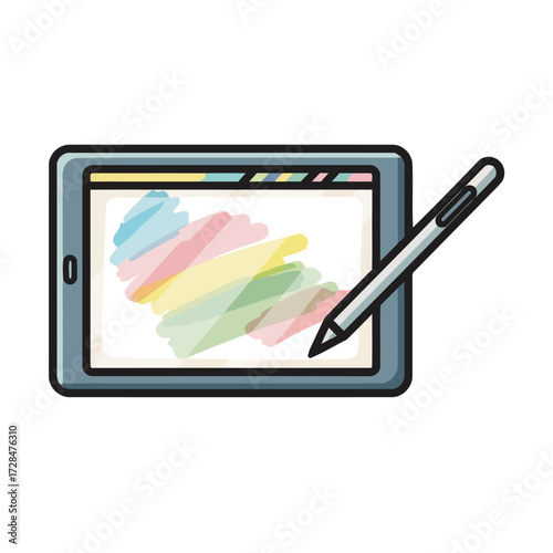 Digital drawing tablet with stylus and colorful scribbles on screen