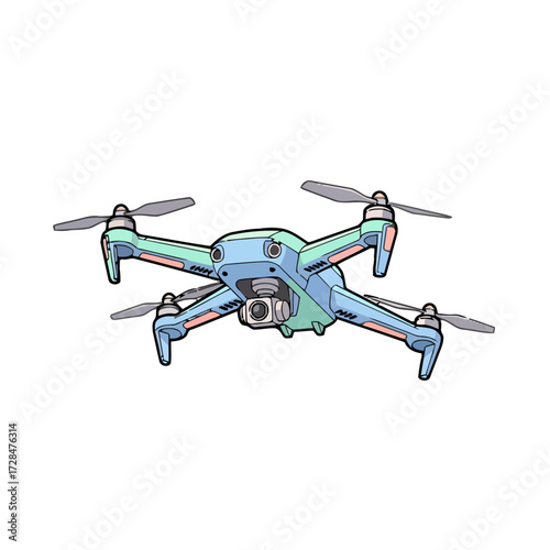 Cartoon modern drone with four propellers and camera