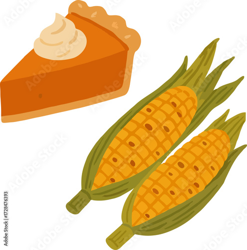 Flat seasonal food (pumpkin pie, roasted corn) isolated on transparent background