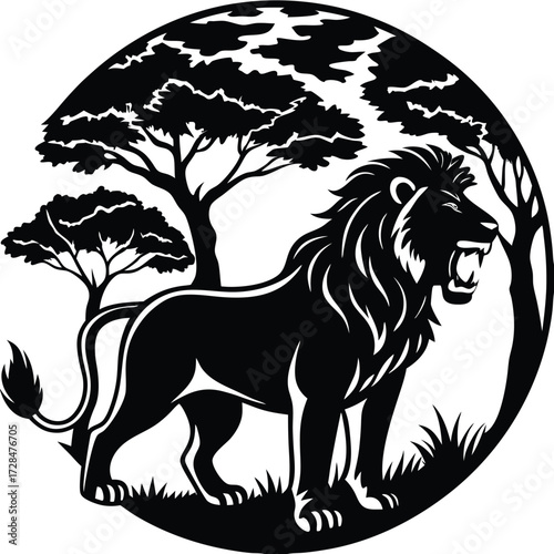 Silhouette of a roaring lion standing in a grassy field with trees in the background in black and white