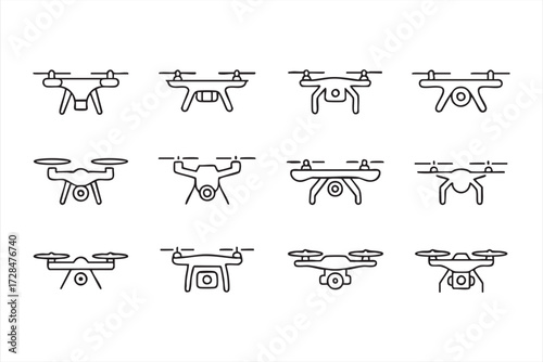 UAV and drone technology icons, outline vector illustrations of unmanned aircraft for hobby, filming, and surveillance