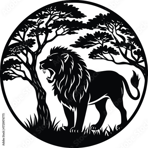 Lion roaring fiercely under the shade of trees, standing tall and proud in the wild